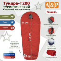 Спальный мешок туристический "Тундра - Т200". Размер L. Цвет: красный.